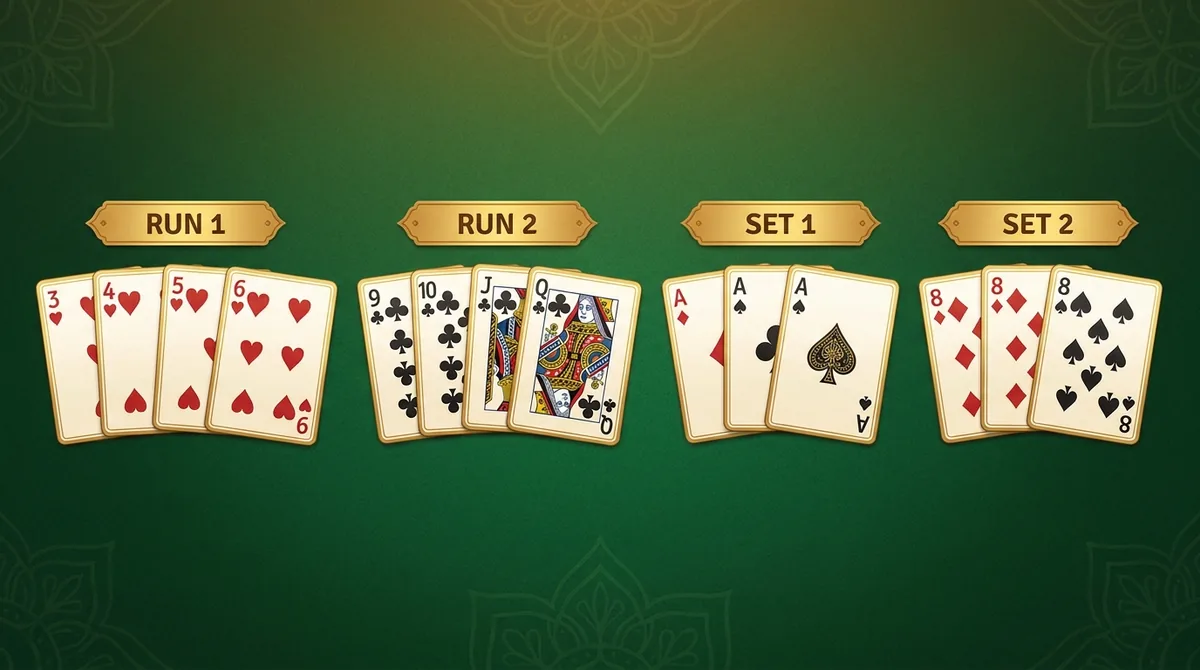A 13 Patti hand sorted into groups: two runs (consecutive same-suit cards) and two sets (matching ranks of different suits), each group labelled.