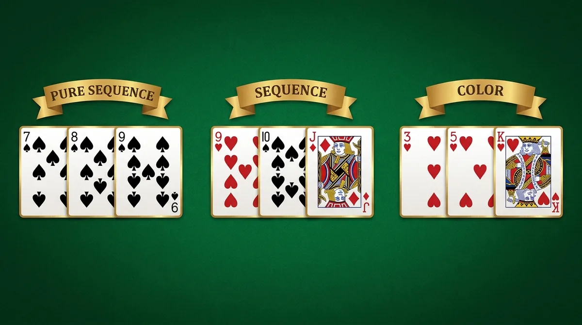 3 Patti comparison: a pure sequence (7-8-9 of spades, same suit), a plain sequence (9 of hearts, 10 of spades, Jack of diamonds, mixed suits) and a colour (3, 5, King of hearts, same suit but not consecutive).