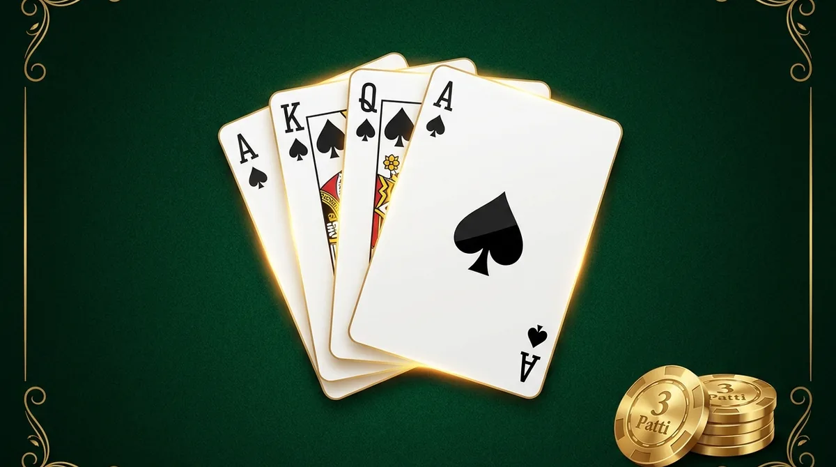3 Patti sequence list chart showing a pure sequence of A-K-Q of spades on a green table with gold chips.