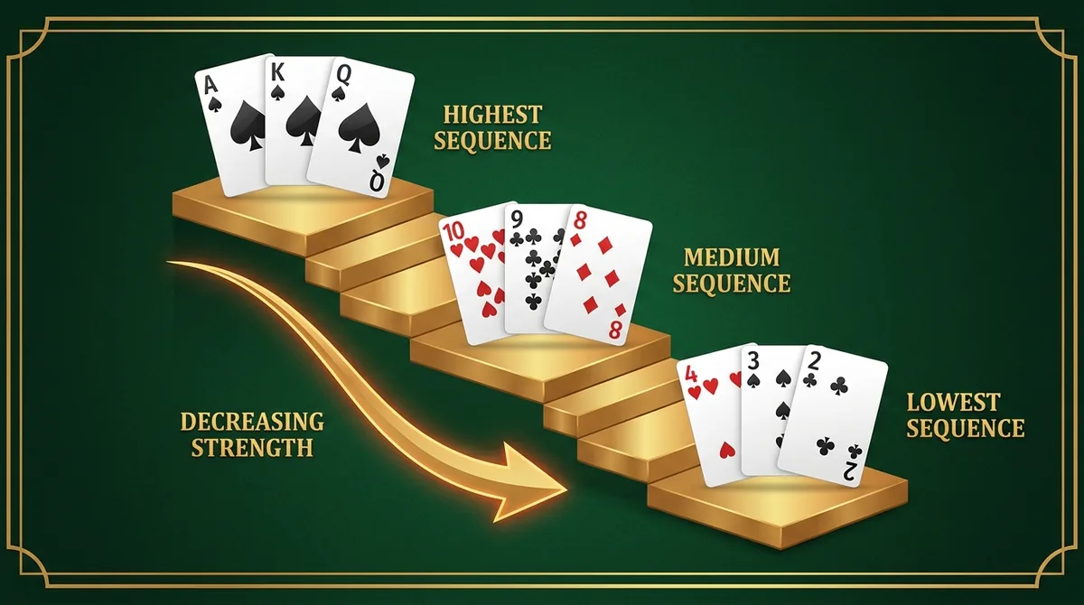 Sequence strength staircase in 3 Patti: A-K-Q of spades is the highest run, 10-9-8 is a mid run, and 4-3-2 is the lowest run, with an arrow showing decreasing strength.