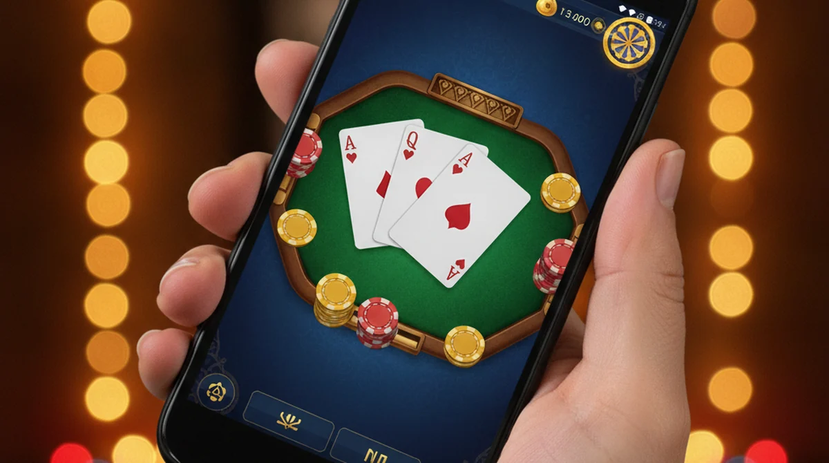 A smartphone showing a 3 Patti Star style blue-and-gold lobby with 3-card tables and a shining star motif.