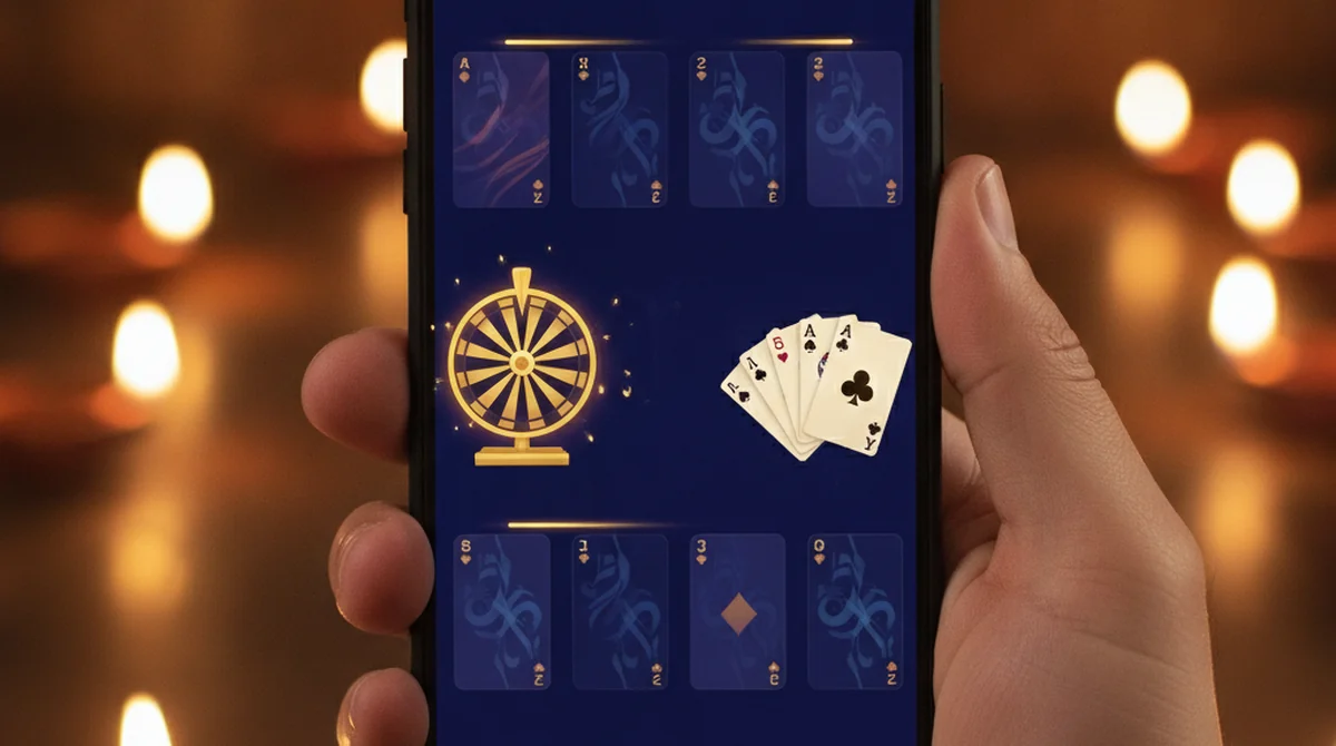 A smartphone showing an ABC Rummy style blue-and-gold lobby with rummy, Teen Patti and spin games.