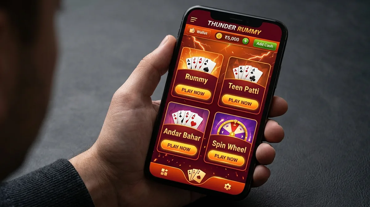 A hand holding a phone showing a GoGo Rummy style orange-and-red lobby with lightning accents and tiles for Rummy, Teen Patti, Andar Bahar and a spin wheel.