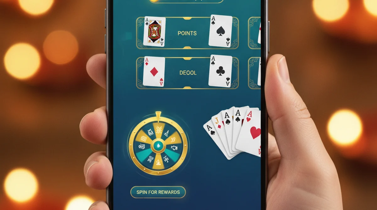 A smartphone showing a Hi Rummy style teal-and-gold lobby with rummy, Teen Patti and spin games.