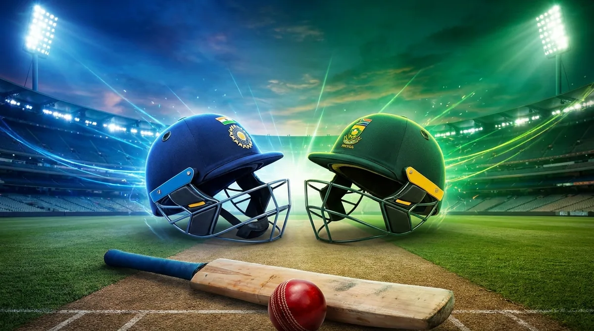 India vs South Africa cricket — a blue India helmet and a green South Africa helmet facing off with a bat and ball under stadium floodlights.