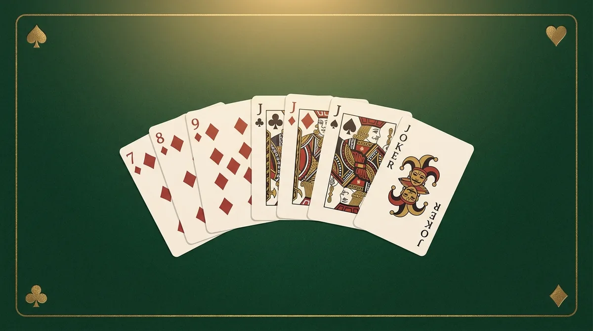 Indian Rummy 13-card hand on a green table showing a pure sequence (7-8-9), a set of Jacks, and a Joker card.