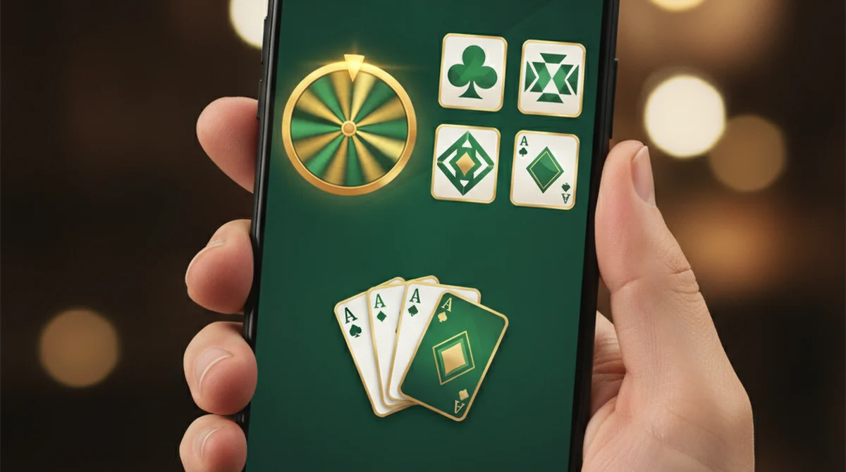 A smartphone showing an Indo Rummy style green-white-and-gold lobby with rummy and spin games.