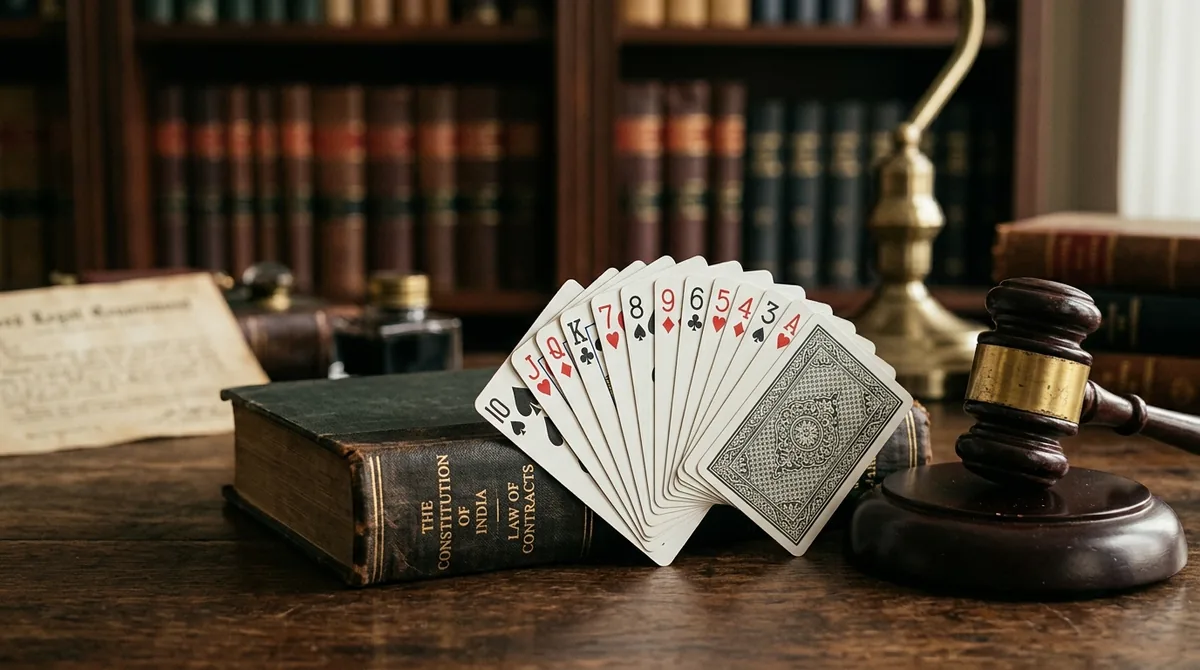 A fan of 13-card Indian rummy cards resting on a wooden gavel and an open law book, illustrating that rummy is a legal game of skill in India.