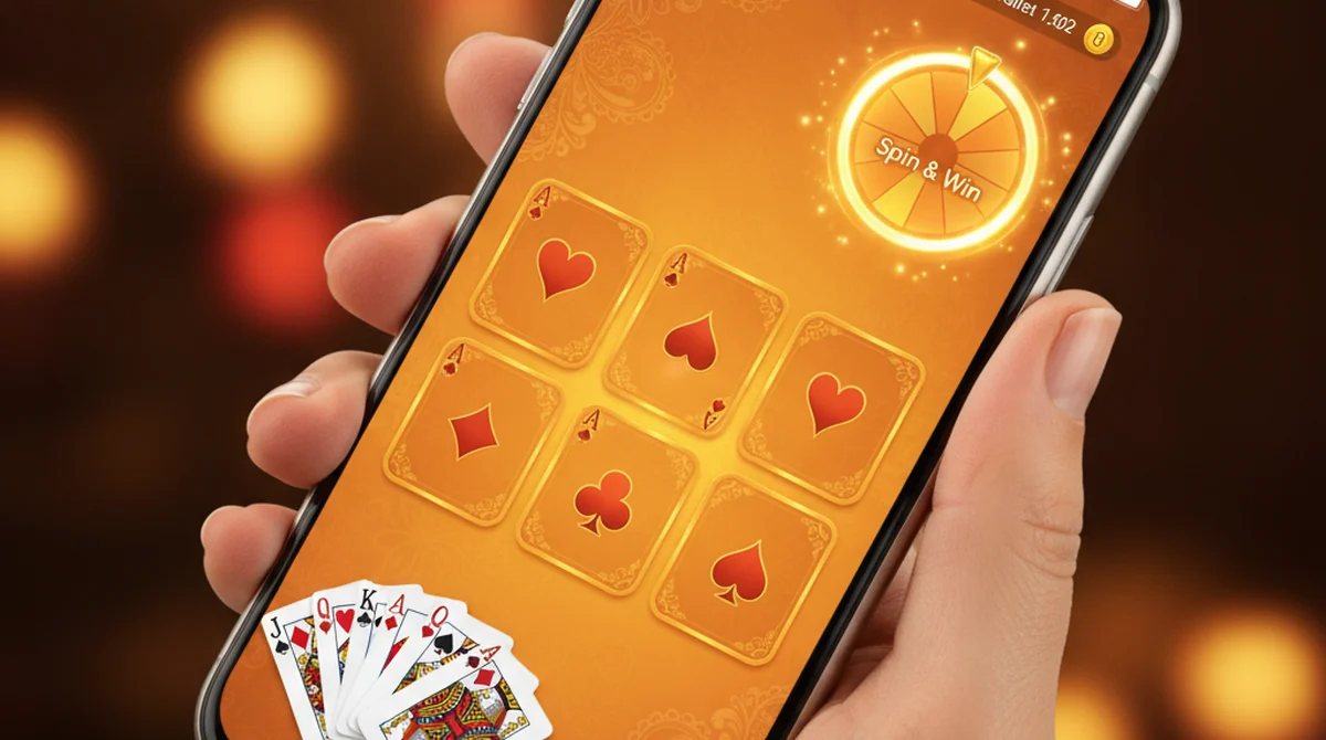 A smartphone showing a Jaiho Rummy style saffron-and-gold festive lobby with rummy and spin games.