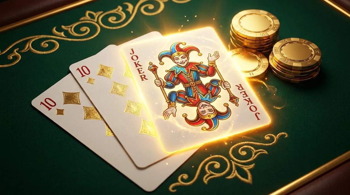 Joker Teen Patti — a glowing joker wild card next to two tens, completing a hand on a green table with gold chips.