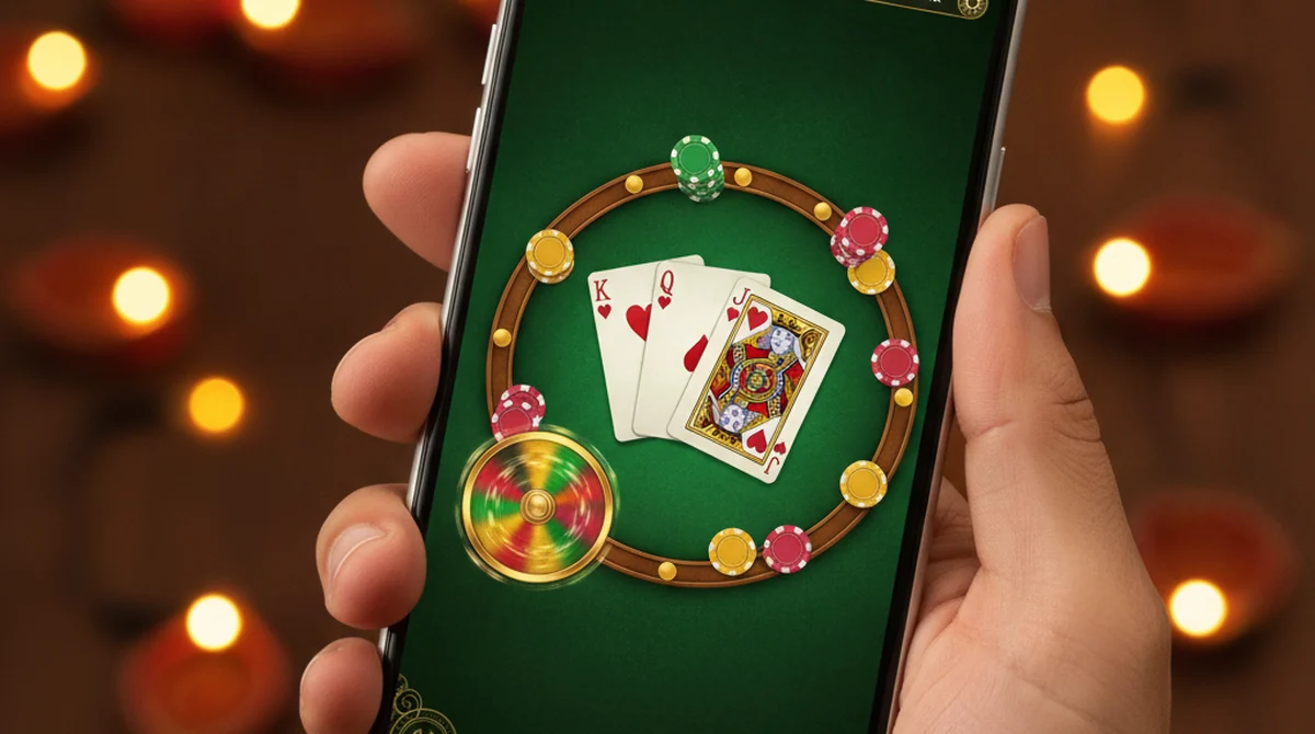 A smartphone showing a Namaste Teen Patti style green-and-gold welcoming lobby with 3-card tables.