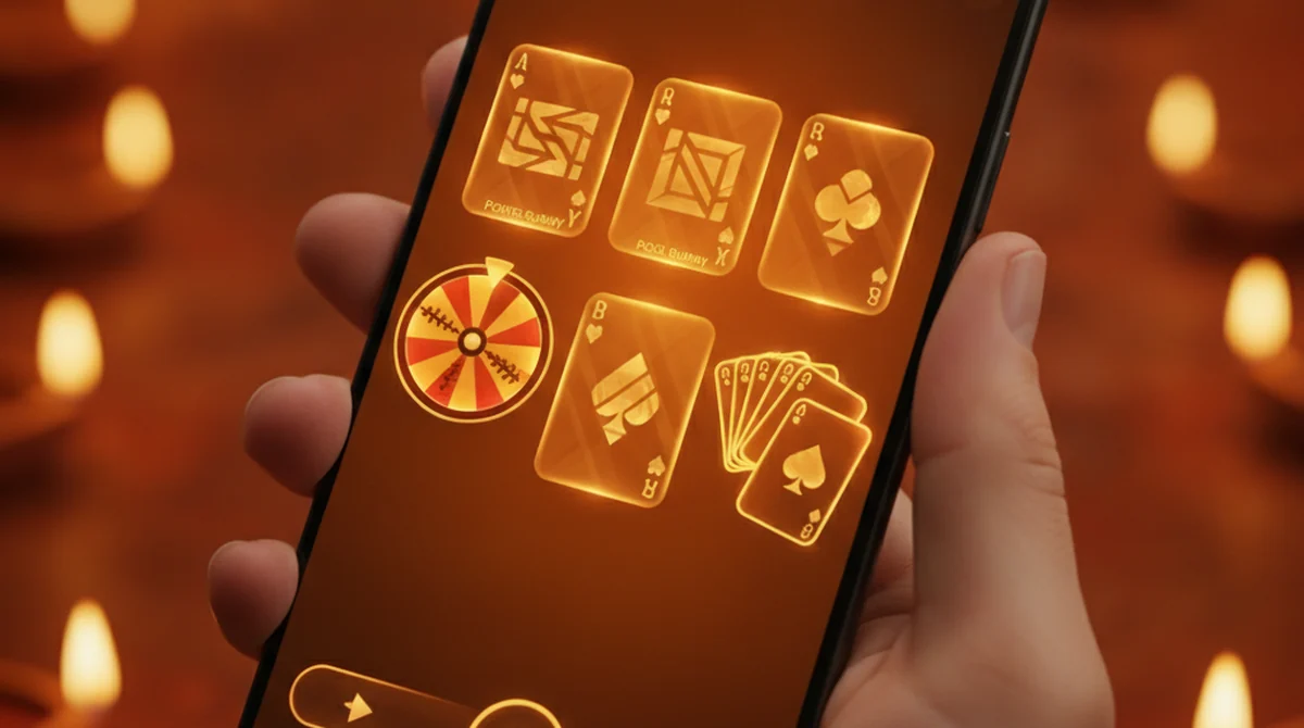 A smartphone showing an OK Rummy style orange-and-gold lobby with rummy, Teen Patti and spin games.