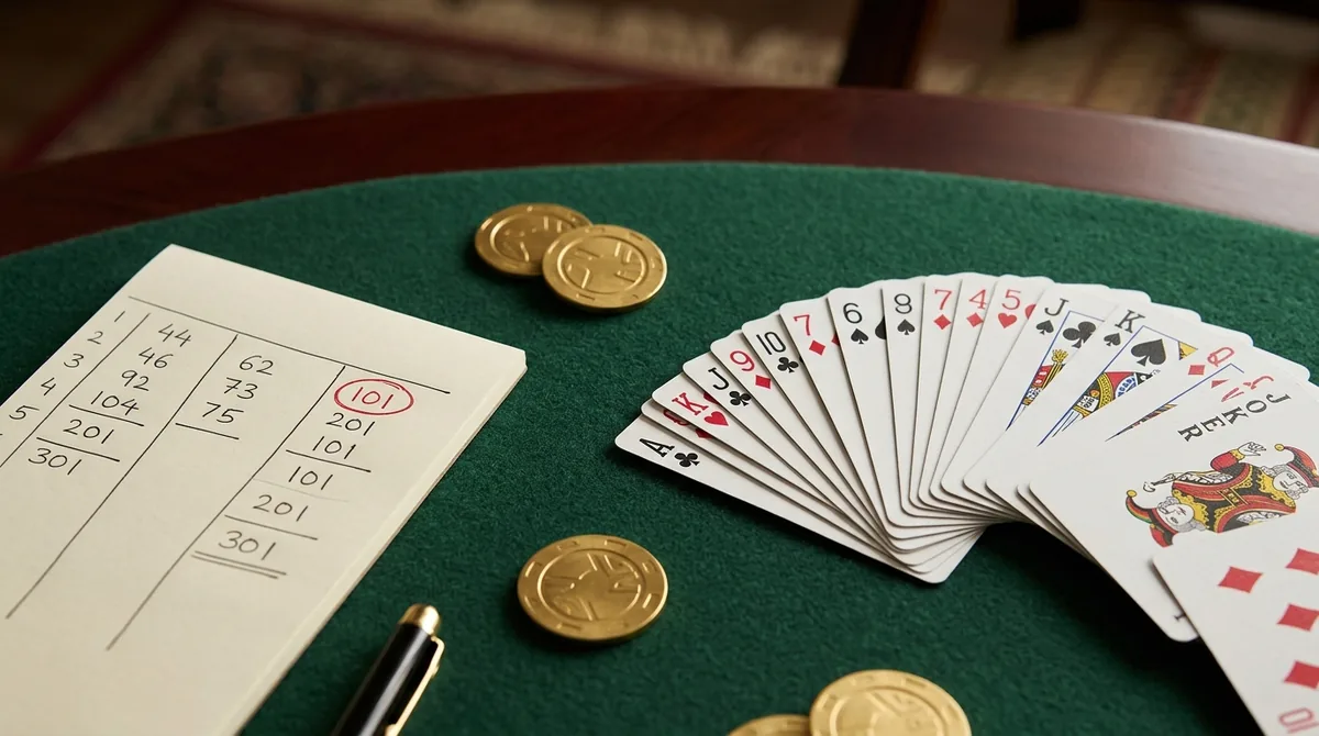 A pool rummy scoreboard beside a fan of Indian rummy cards on a green table, showing players' running point totals approaching the elimination limit.