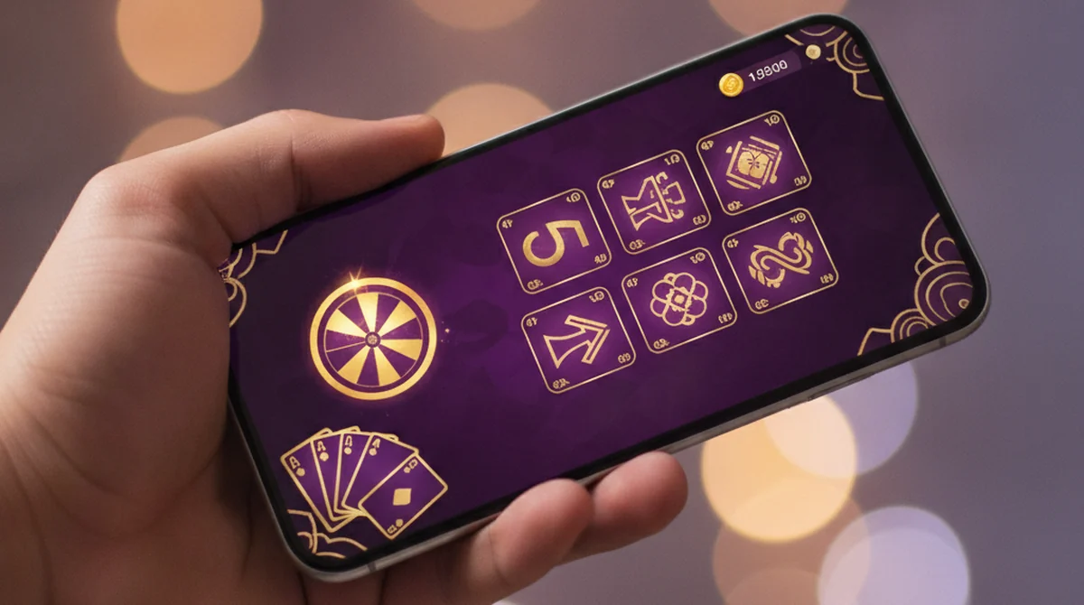 A smartphone showing a Royally Rummy style royal-purple-and-gold regal lobby with rummy and spin games.