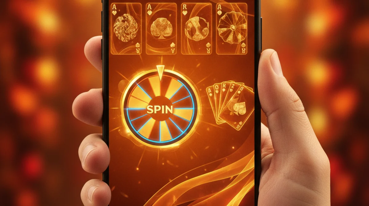 A smartphone showing a Rumble Rummy style orange-and-gold energetic lobby with rummy and spin games.