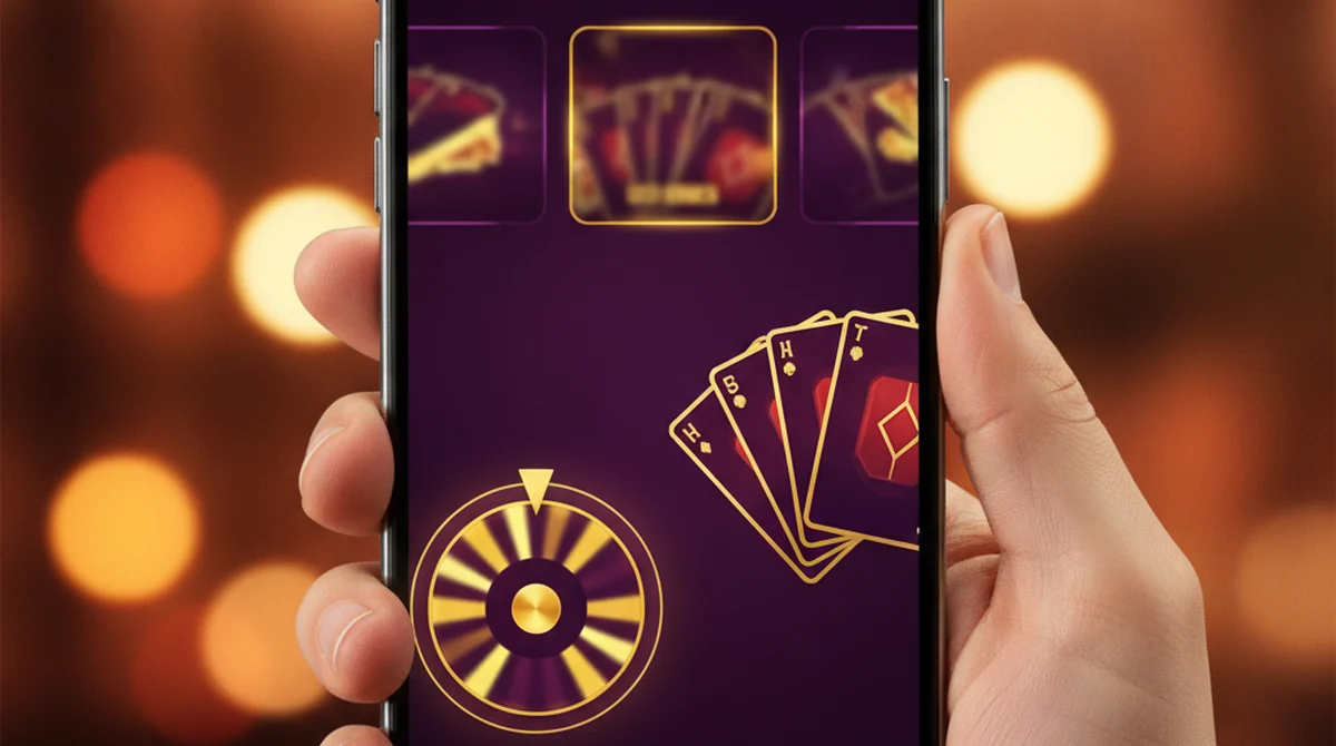 A smartphone showing a Rummy 365 style purple-and-gold always-on lobby with rummy and spin games.