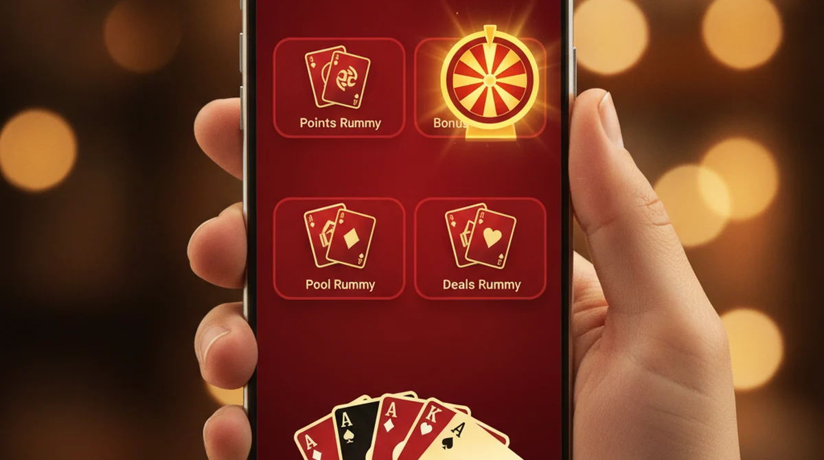 A smartphone showing a Rummy 888 style red-and-gold lucky-number lobby with rummy and spin games.
