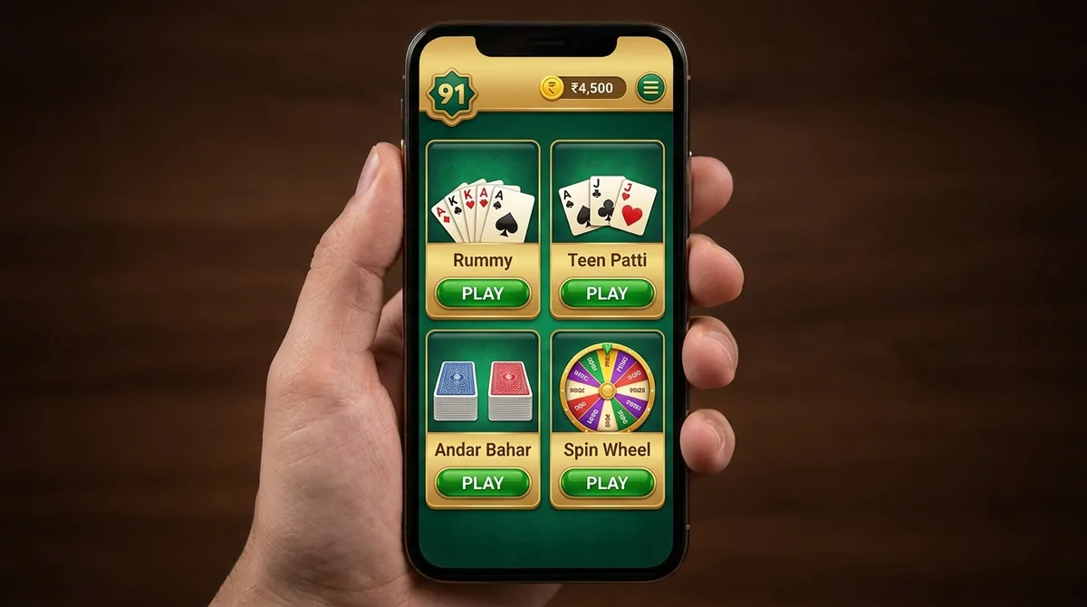 A hand holding a phone showing a Rummy 91 style lobby in green and gold with a 91 badge and tiles for Rummy, Teen Patti, Andar Bahar and a spin wheel.