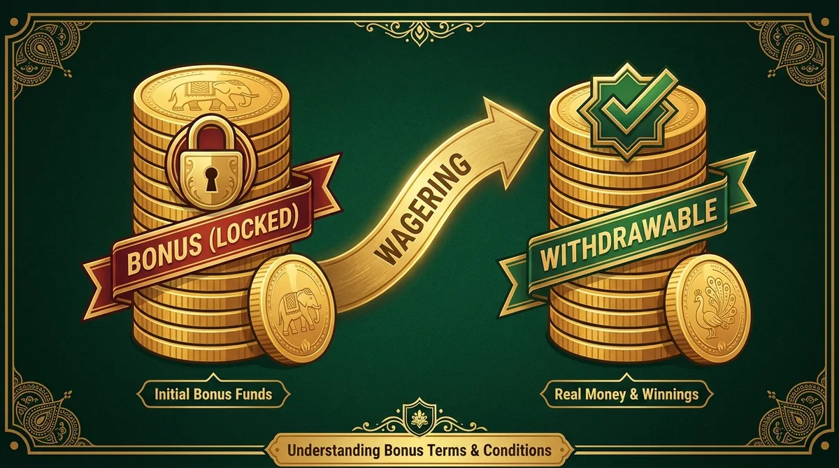 Infographic: a locked stack of bonus coins on the left, a wagering arrow in the middle, and a withdrawable stack of coins with a green check on the right.