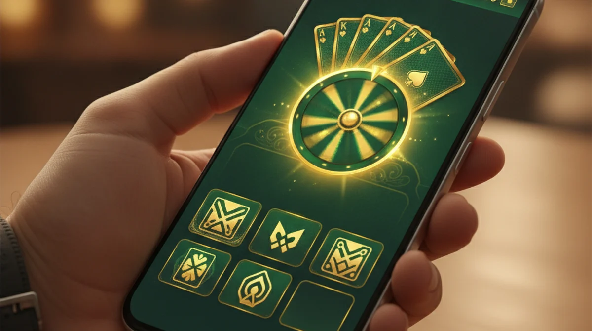 A smartphone showing a Rummy East style green-and-gold regional lobby with rummy and spin games.