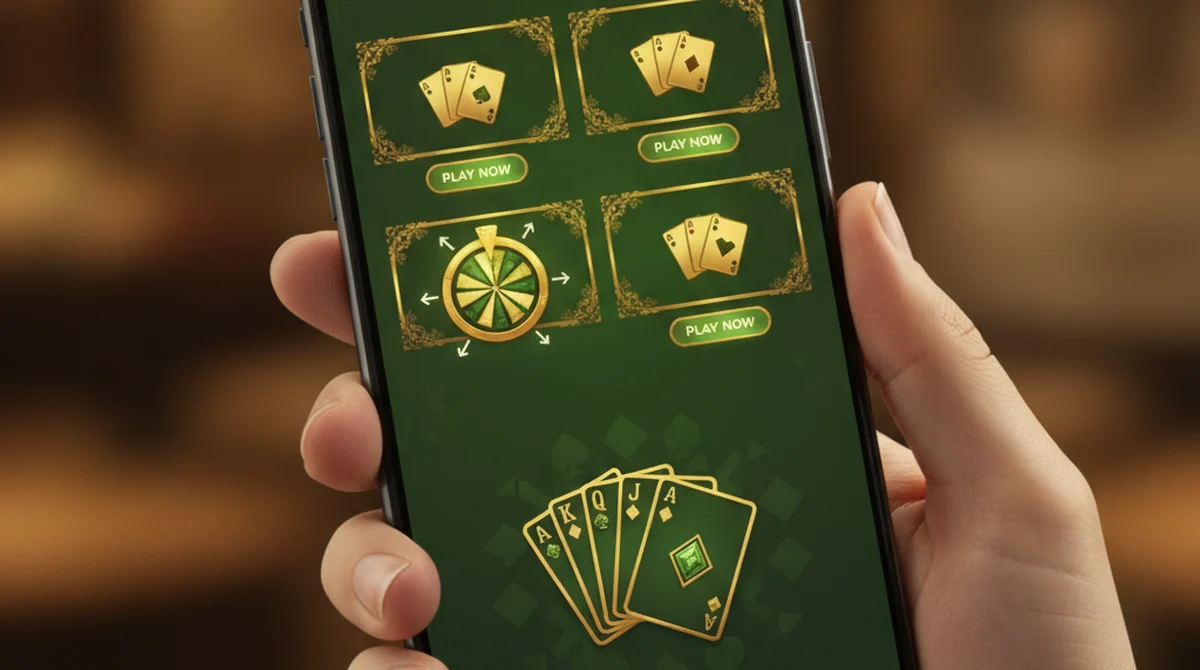 A smartphone showing a Rummy Good style green-and-gold lobby with rummy, Teen Patti and spin games.