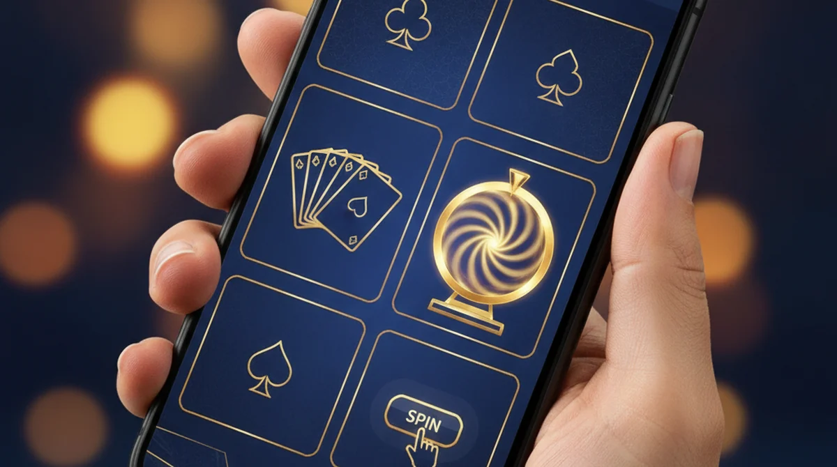 A smartphone showing a Rummy Leader style blue-and-gold lobby with a leaderboard, rummy and spin games.