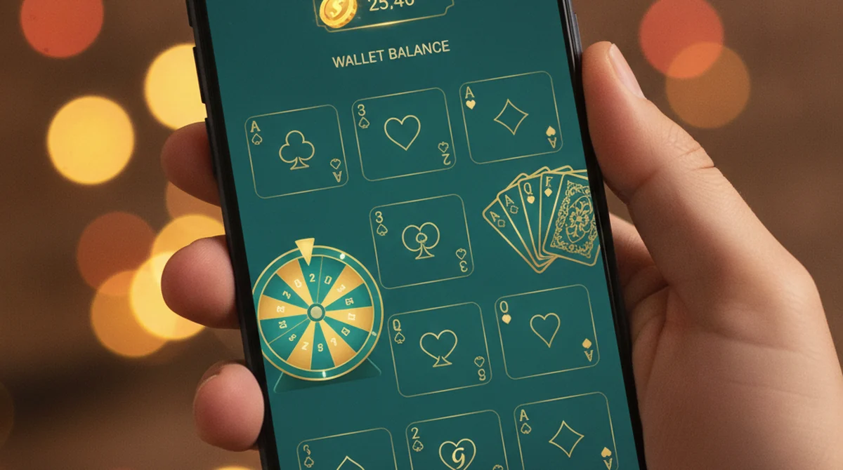 A smartphone showing a Rummy Meet style teal-and-gold social lobby with rummy tables and spin games.