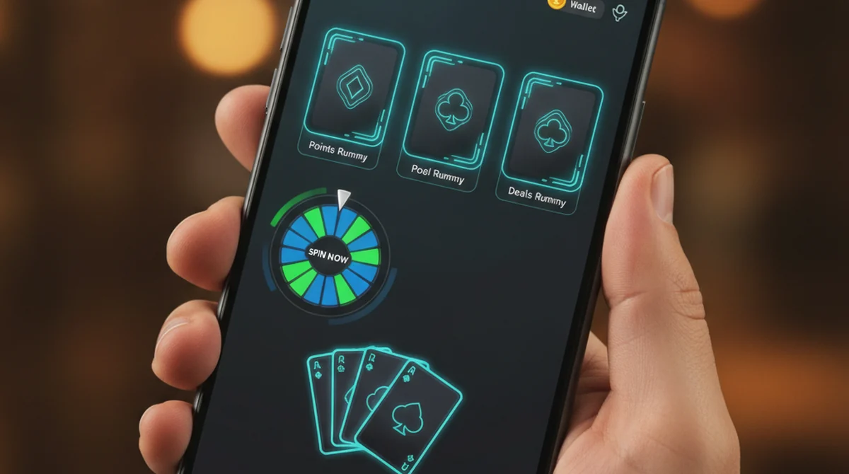 A smartphone showing a Rummy Modern style sleek dark-and-neon lobby with rummy, Teen Patti and spin games.
