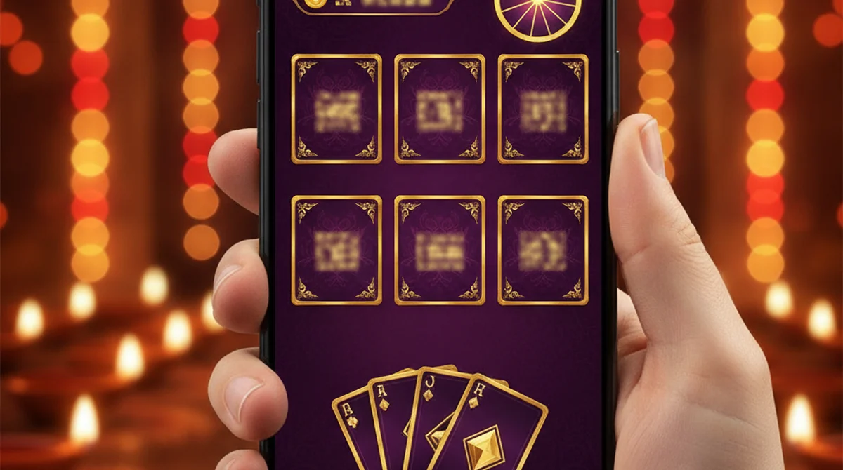 A smartphone showing a Rummy Noble style royal purple-and-gold lobby with rummy, Teen Patti and spin games.