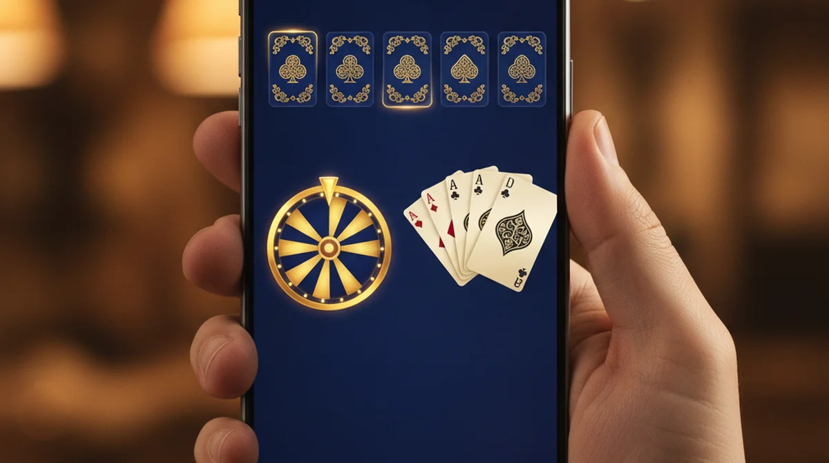 A smartphone showing a Rummy Perfect style blue-and-gold lobby with rummy, Teen Patti and spin games.