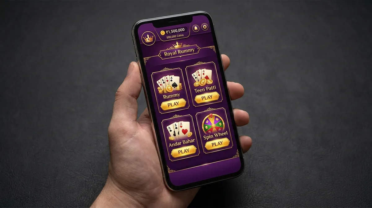 A hand holding a phone showing a Rummy Regal style royal-purple and gold lobby with a crown emblem and tiles for Rummy, Teen Patti, Andar Bahar and a spin wheel.
