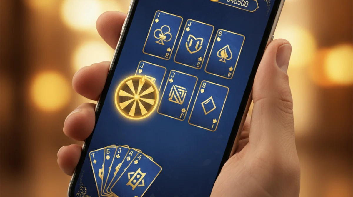 A smartphone showing a Rummy Tour style blue-and-gold tournament lobby with rummy and spin games.