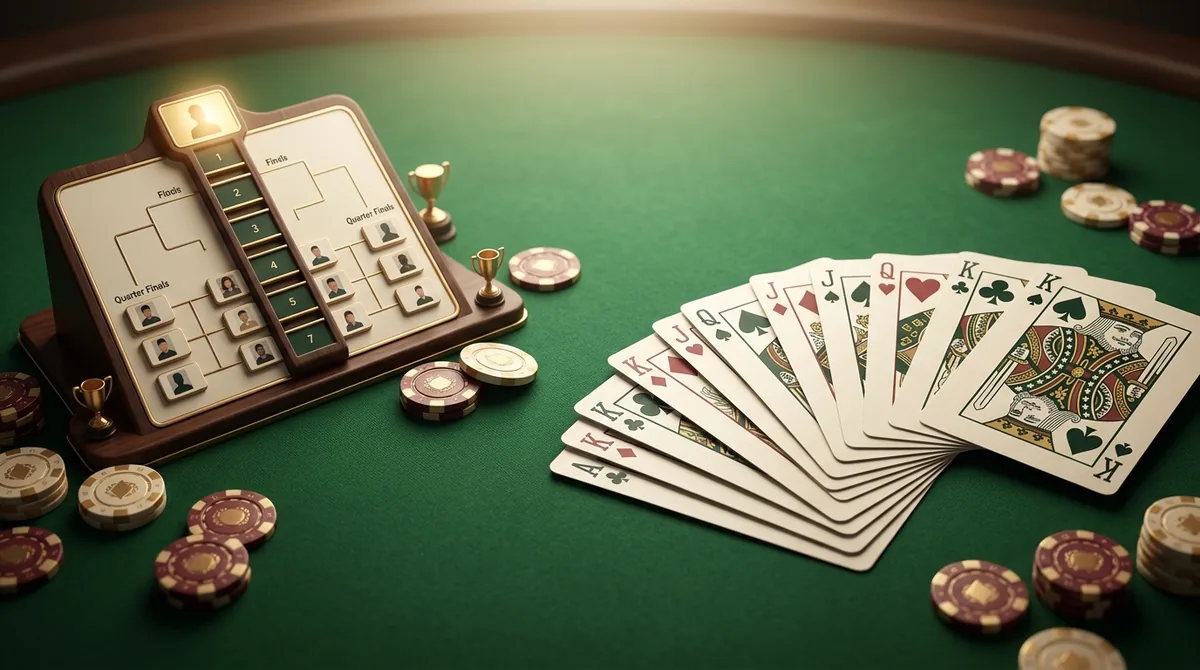 An online rummy tournament lobby and leaderboard beside a fan of Indian rummy cards on a green table, showing player rankings advancing through knockout rounds.