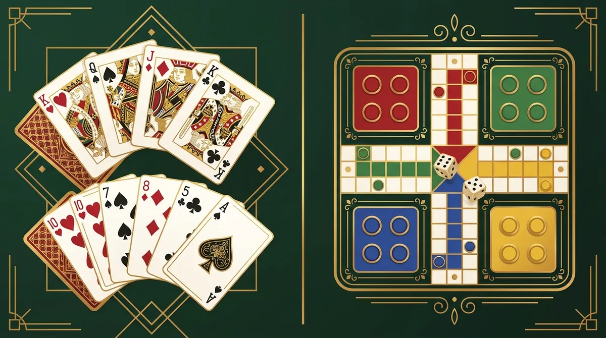 Split image comparing a fan of rummy playing cards on the left with a colourful Ludo board and dice on the right, divided by a gold line.
