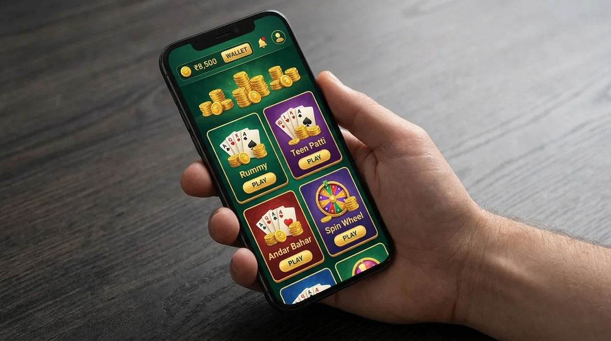 A hand holding a phone showing a Rummy Wealth style green-and-gold lobby with stacks of gold coins and tiles for Rummy, Teen Patti, Andar Bahar and a spin wheel.