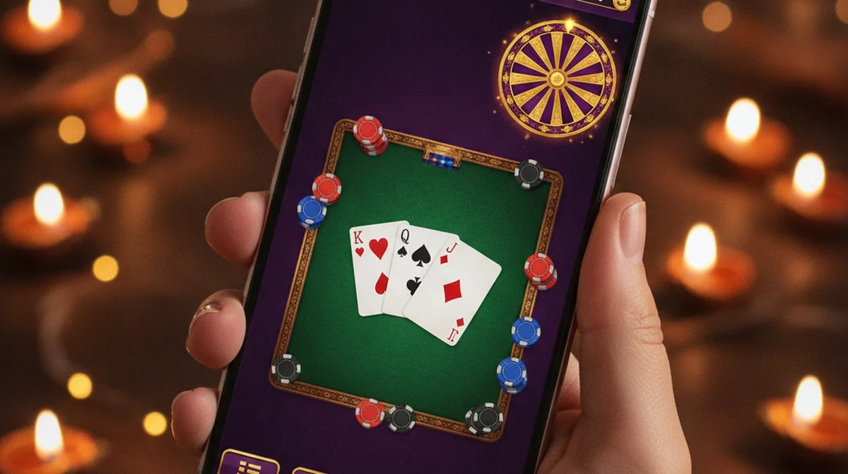 A smartphone showing an SVIP 3 Patti style deep-purple-and-gold ultra-premium lobby with 3-card tables.