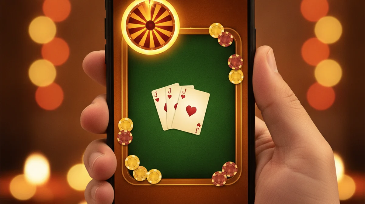 A smartphone showing a Teen Patti Dhani style orange-and-gold lobby with 3-card tables and a spin wheel.