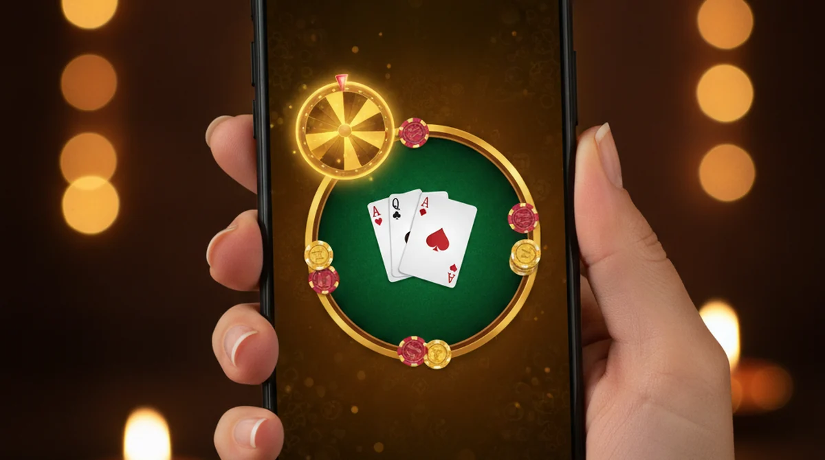 A smartphone showing a Teen Patti Diya style warm-gold festive lobby with 3-card tables and a diya lamp motif.