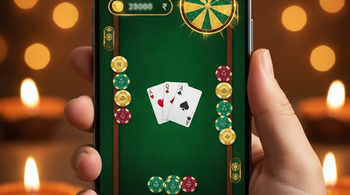 A smartphone showing a Teen Patti Go style green-and-gold lobby with 3-card tables and a spin wheel.