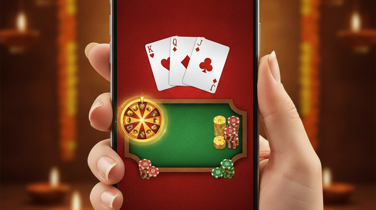 A smartphone showing a Teen Patti King style royal-red-and-gold lobby with 3-card tables and a crown motif.