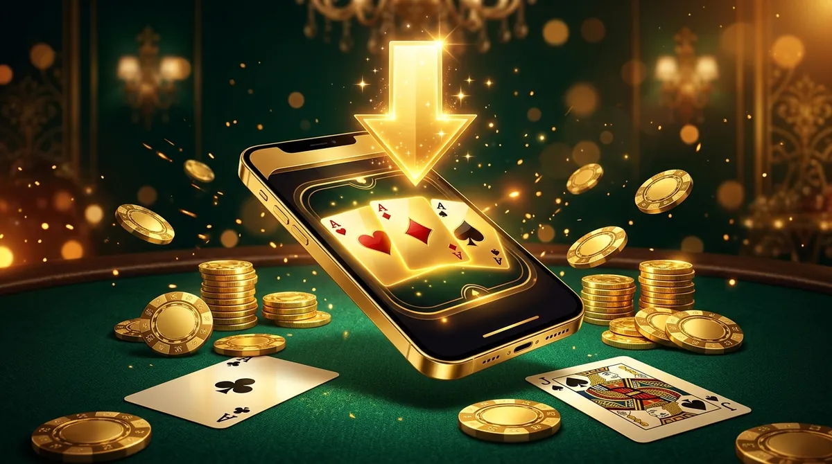 A golden smartphone with a glowing download arrow, three aces on screen, gold chips and coins on a green felt table.