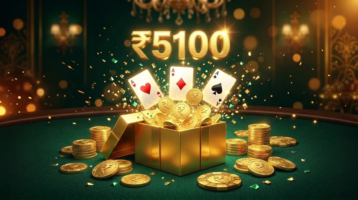 A golden gift box erupting with rupee gold coins, three aces and confetti under a glowing ₹5100 figure.