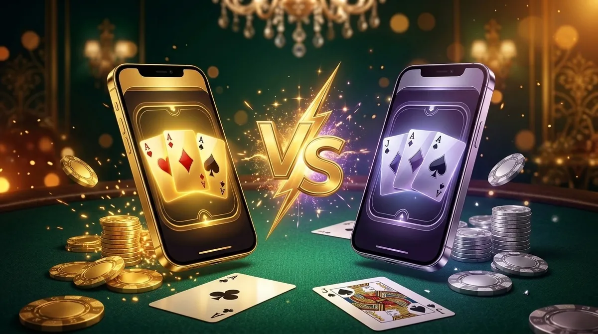 A gold-framed phone and a purple-framed phone facing off across a green felt table with a golden VS emblem between them.