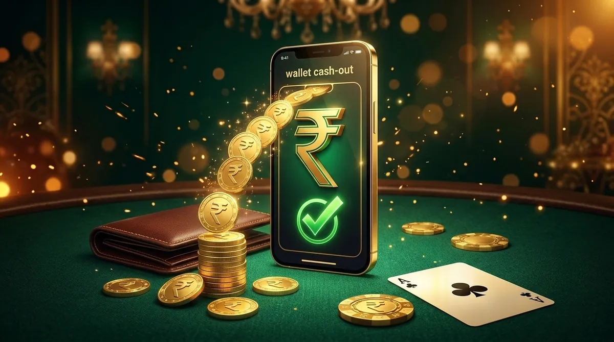 A golden smartphone showing a rupee cash-out screen with a success checkmark, gold coins flowing into a wallet on a green felt table.