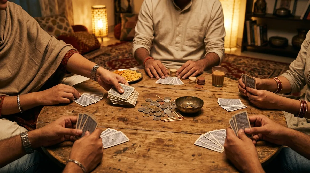 Friends playing Teen Patti offline around a table with a physical deck of cards and a pile of chips, no phones or internet in sight.