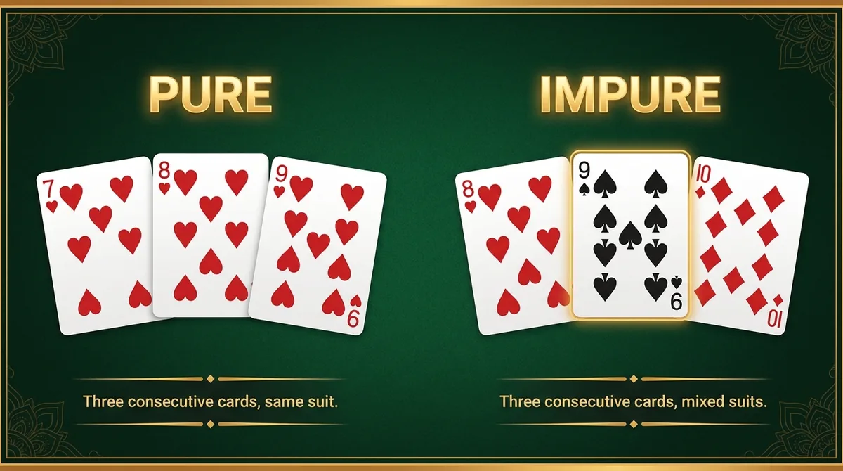 Pure versus impure Teen Patti sequence: on the left 7-8-9 of hearts (consecutive, same suit) labelled pure; on the right 8 of hearts, 9 of spades, 10 of diamonds (consecutive, mixed suits) labelled impure.