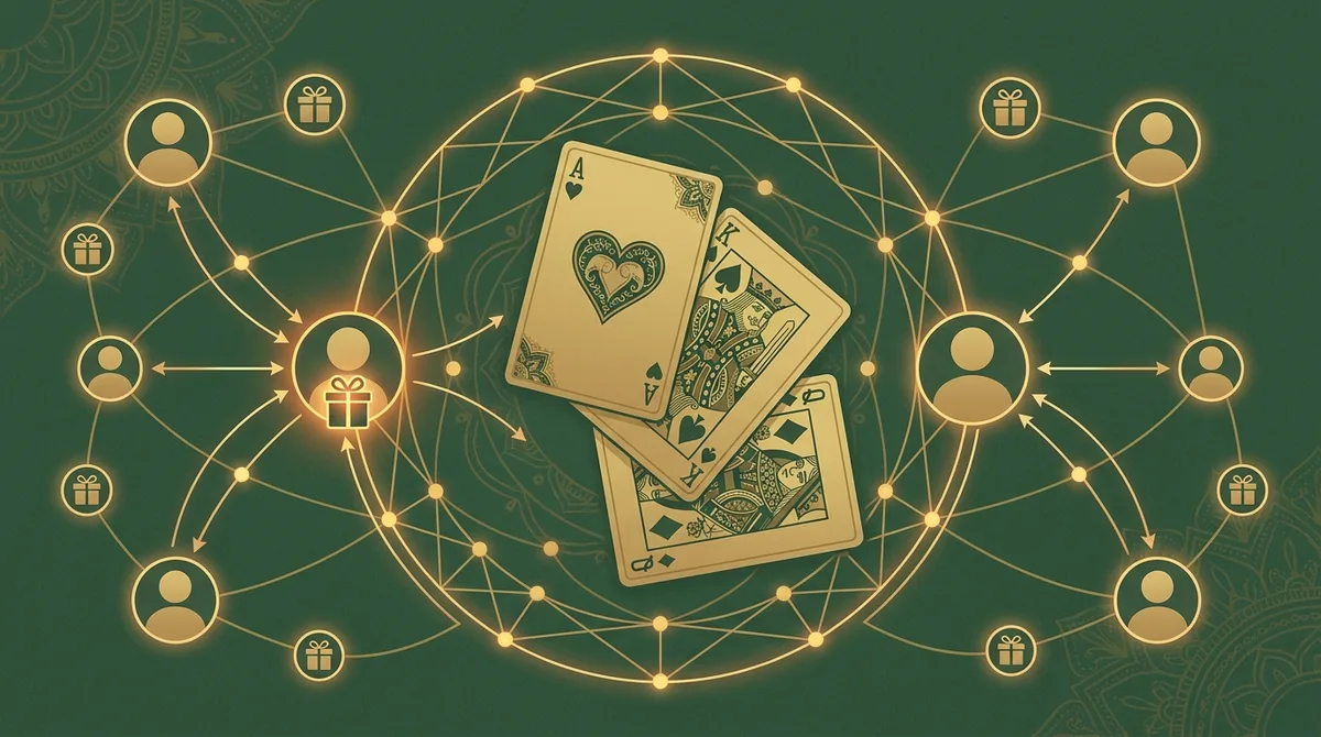 Three Teen Patti cards surrounded by a gold network of connected people icons and a gift token, illustrating a referral program.