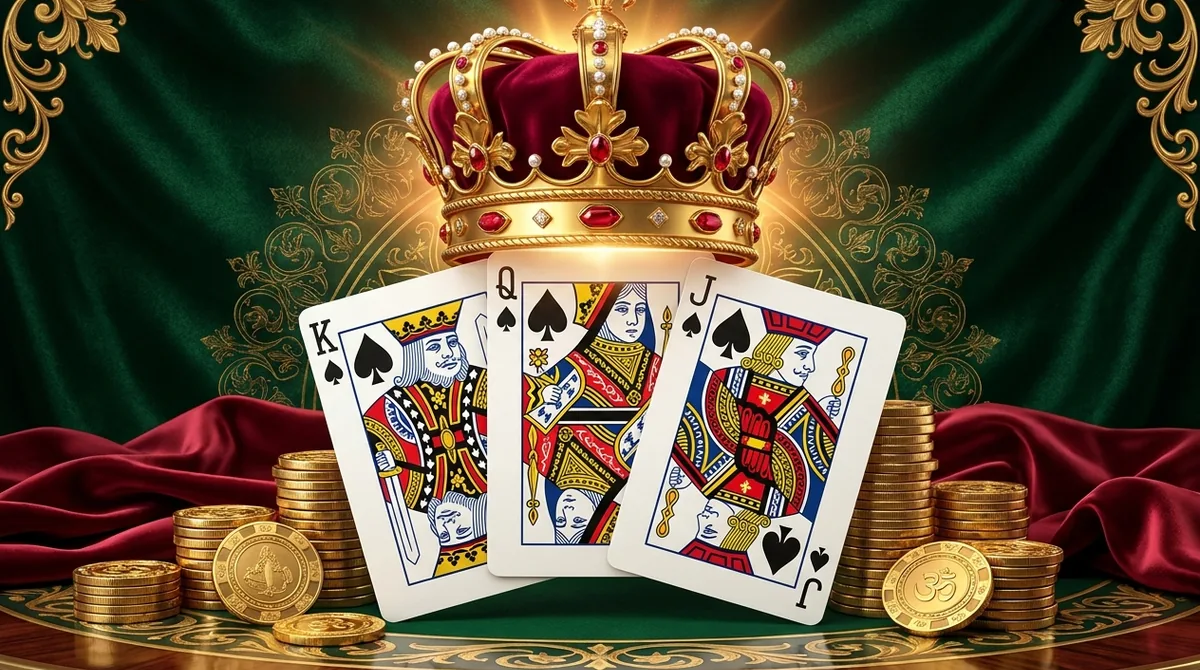 A royal pure sequence of King, Queen, Jack of spades crowned with an ornate gold crown and chips, representing Teen Patti Royal.