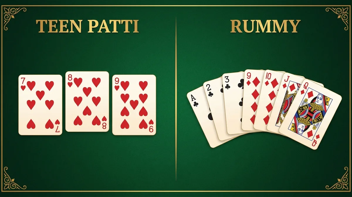 Teen Patti versus Rummy sequence: Teen Patti uses a 3-card run, while Rummy uses a longer fan of about seven cards arranged into sequences.