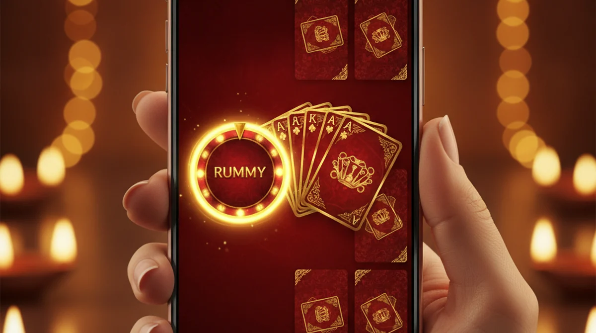 A smartphone showing a Top Rummy style crimson-and-gold lobby with rummy, Teen Patti and spin games.